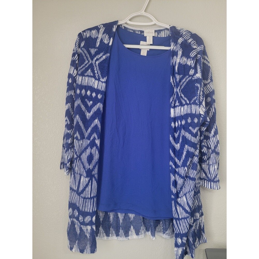 Chico’s Women’s Cardigan & Tank Top 2 Piece Set Size 2 Blue Tribal Print